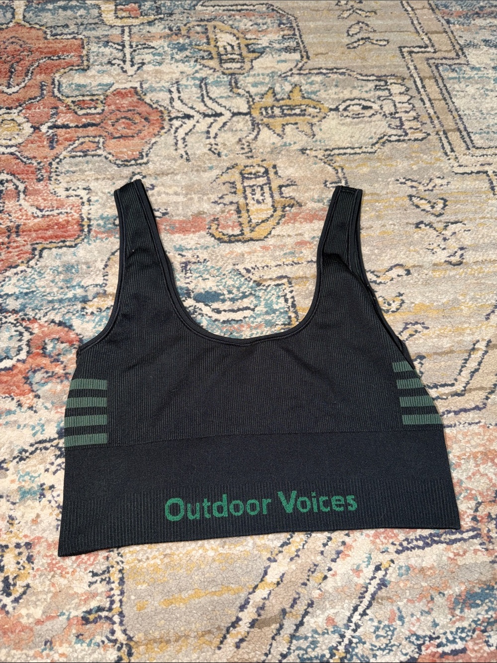 Outdoor Voices Black Sports Bra with Green Logo Accents